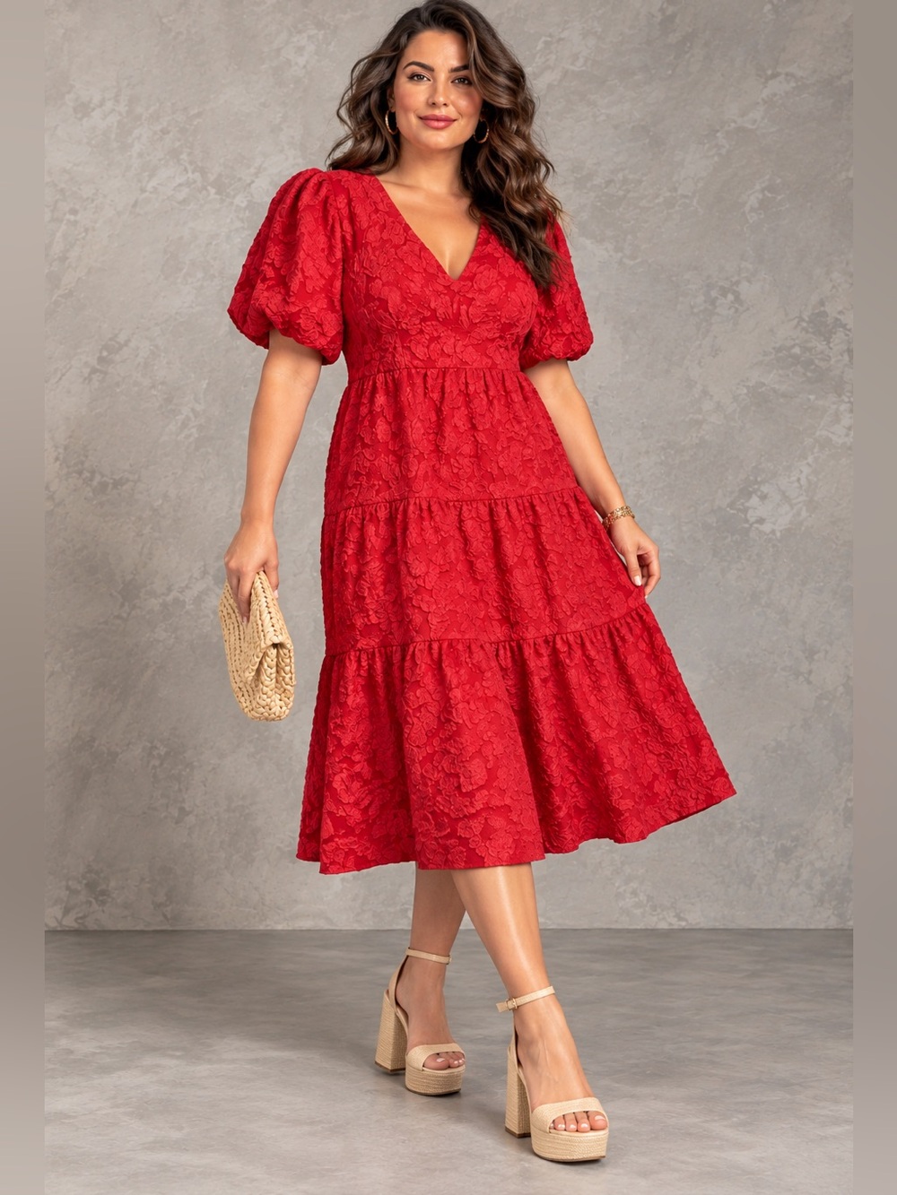 NWT Sugarlips Women's Red Textured Puff Sleeve Midi Dress Size 1X